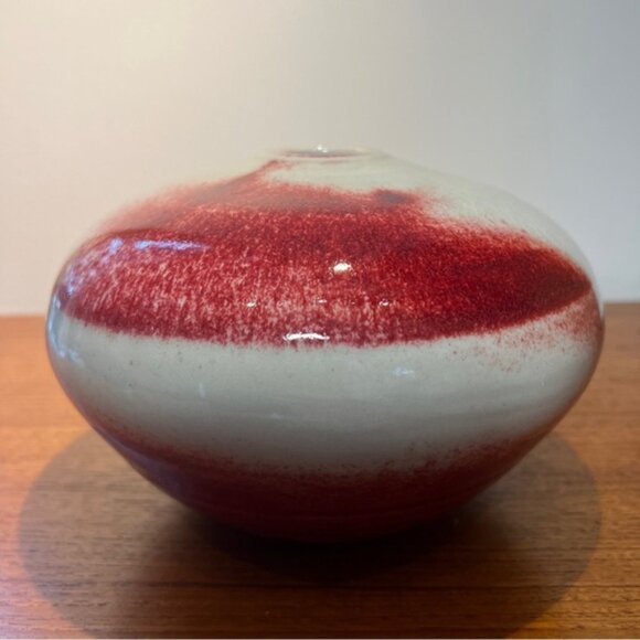 None Other - Vintage Studio Art Pottery Vase Signed 5” Redgrey Glossy Crackle Glaze MCM